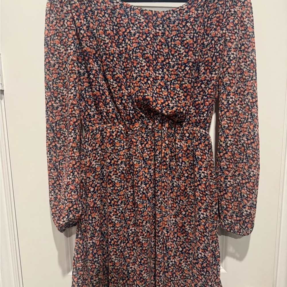 Doe & Rae Navy Floral Long-Sleeve Midi Dress with Coral Accents